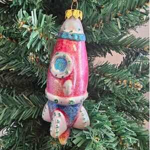 Christmas Ornament Rocket Ship Red Glass Spaceship Hanging Holiday Decoration